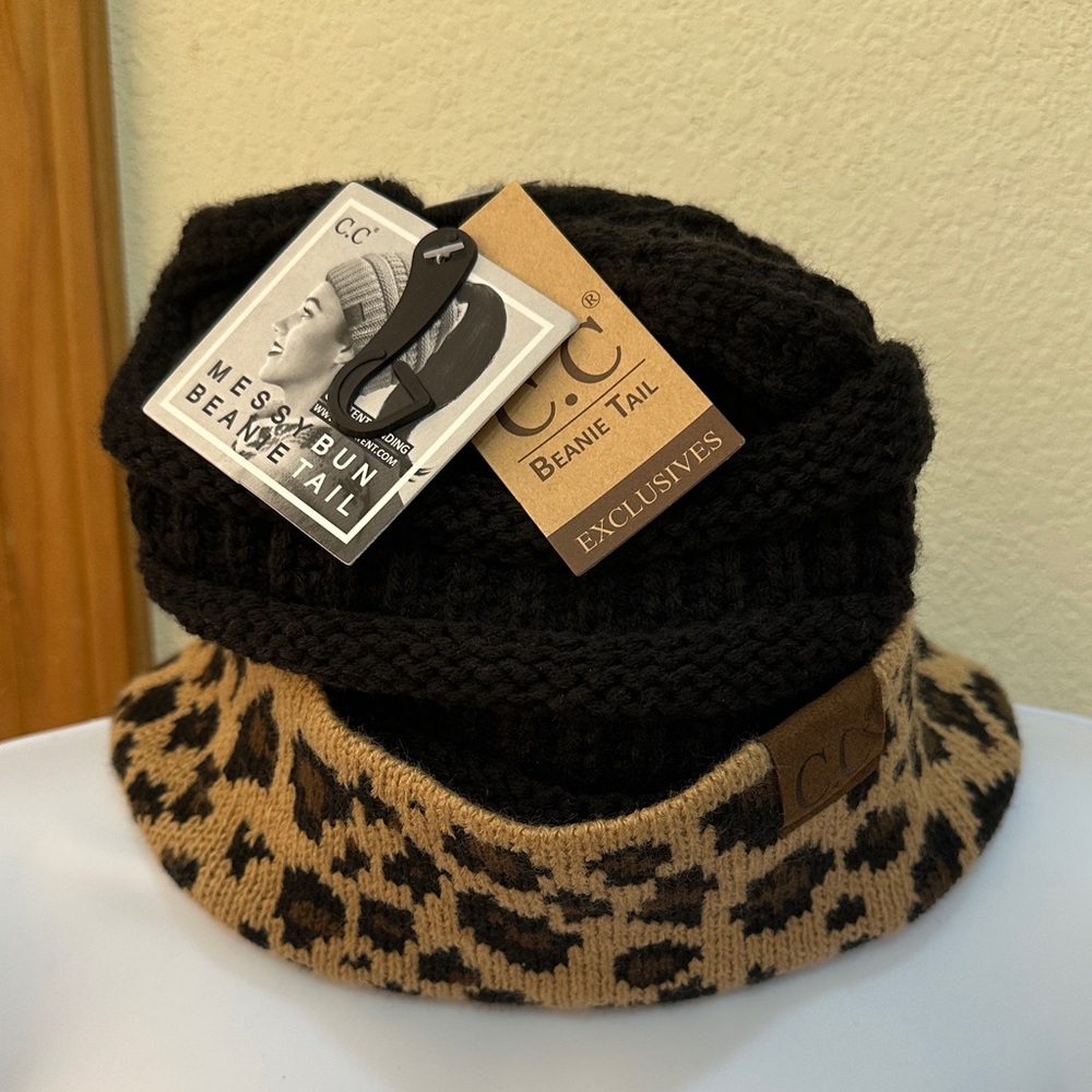 C.C Black and Leopard Print Beanie Tail